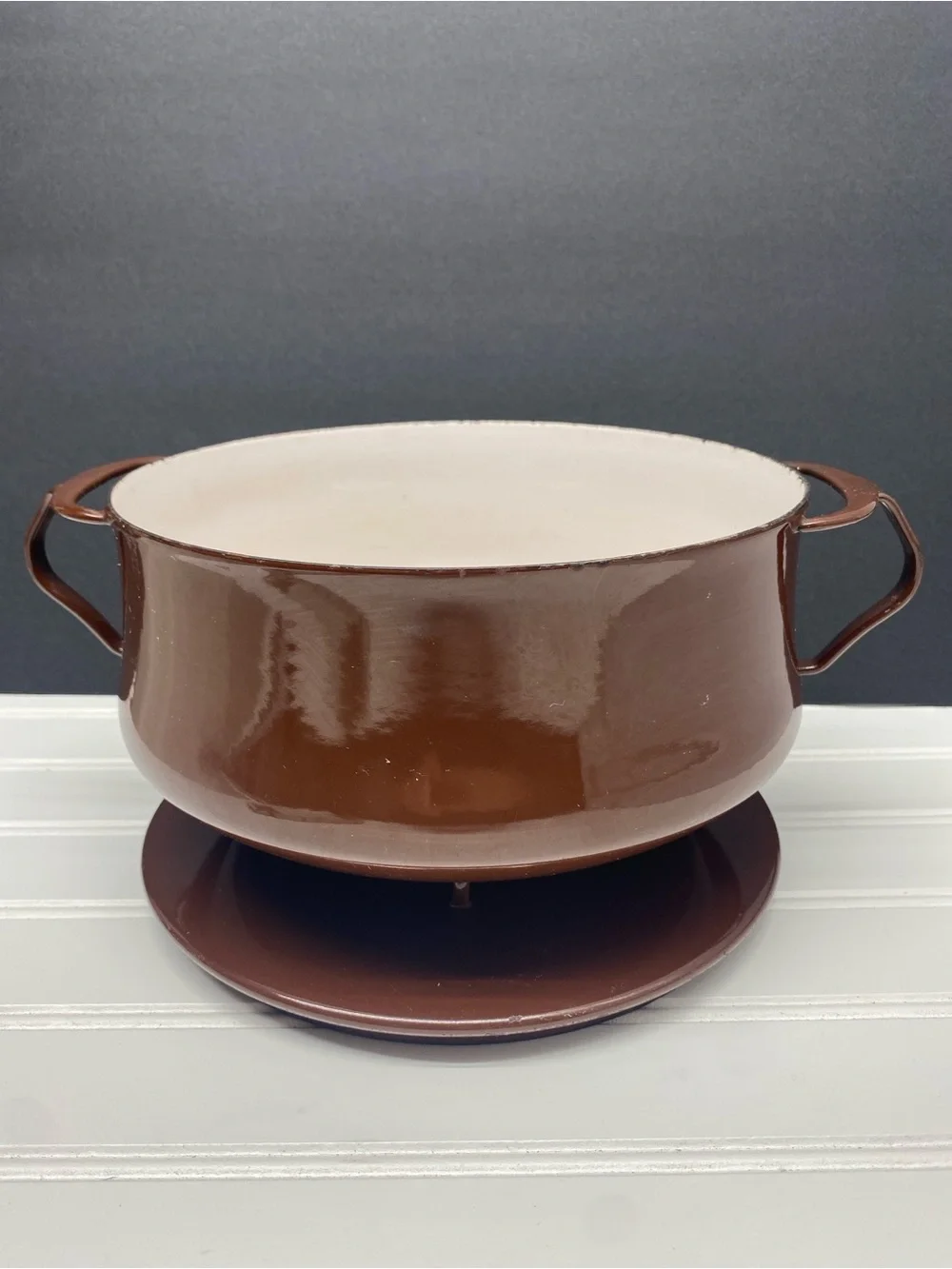 Dansk Brown Enamelware Casserole Covered Pot Trivet Top Ihq France 1956